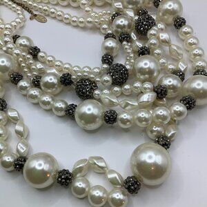 Julies B Multi Strands Faux Pearls Black Hematite Rhinestone Rondelles Necklace